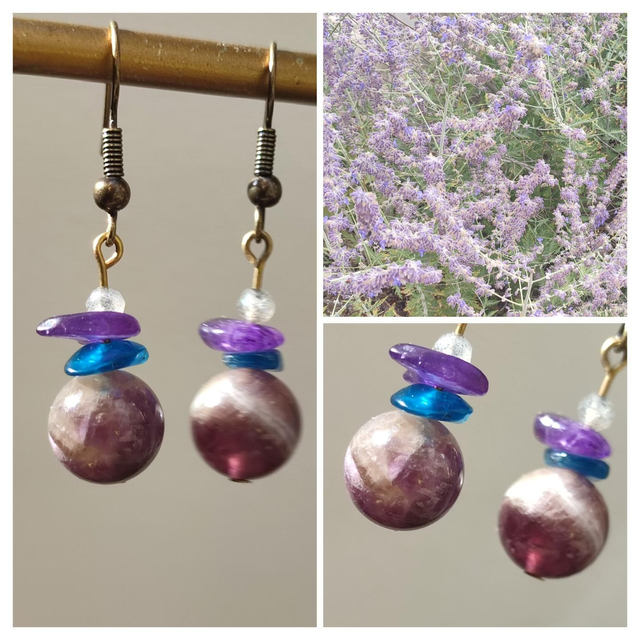 Boucles d&#039;oreilles améthyste ,agate : pierres naturelles, fermoirs en laiton bronze, sans nickel, pièce unique 