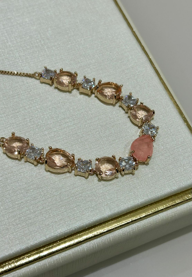 PULSEIRA GRAVATINHA TOPÁZIO E GOTA FUSION MORGANITA CRAVEJADO OURO 18K