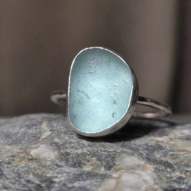 Size V Pale Aqua Sea Glass and Sterling Silver Ring Fully Hallmarked 