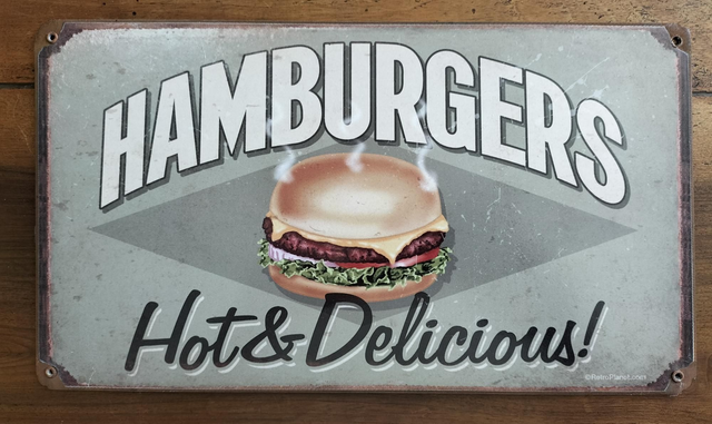 Plaque métal tôle épaisse / hamburgers/ aspect vintage/ occasion T.B.E