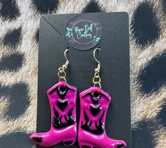 Magenta and Black Polymer Clay Cowboy Boot Earrings