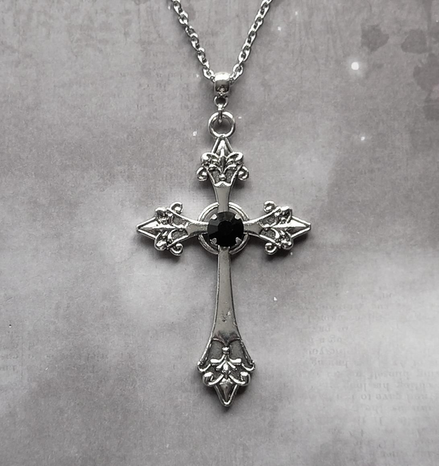 Large Patterned Cross Necklace with Black Stone 