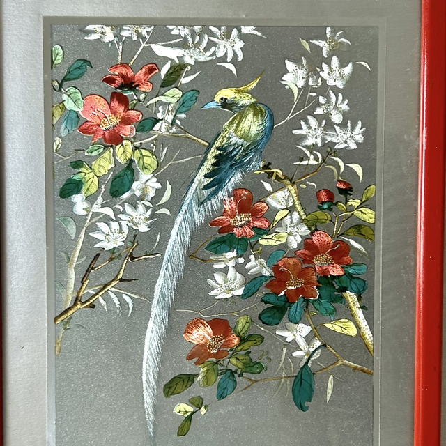 The 'Chinoiserie Bird' Vintage 1970s Chinese Foil Art – Shimmering Bird of Paradise Metallic Picture