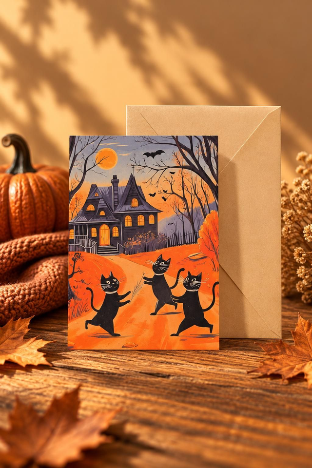 Black Cats – Nostalgisk Halloweenkort