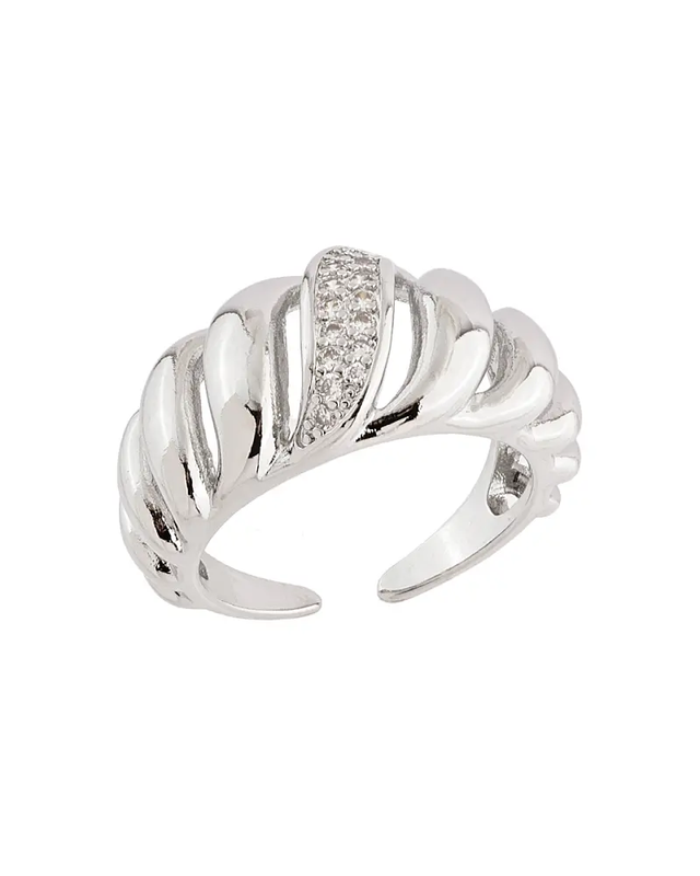 Anel Croissant Cravejado Ajustável N.17– Ródio