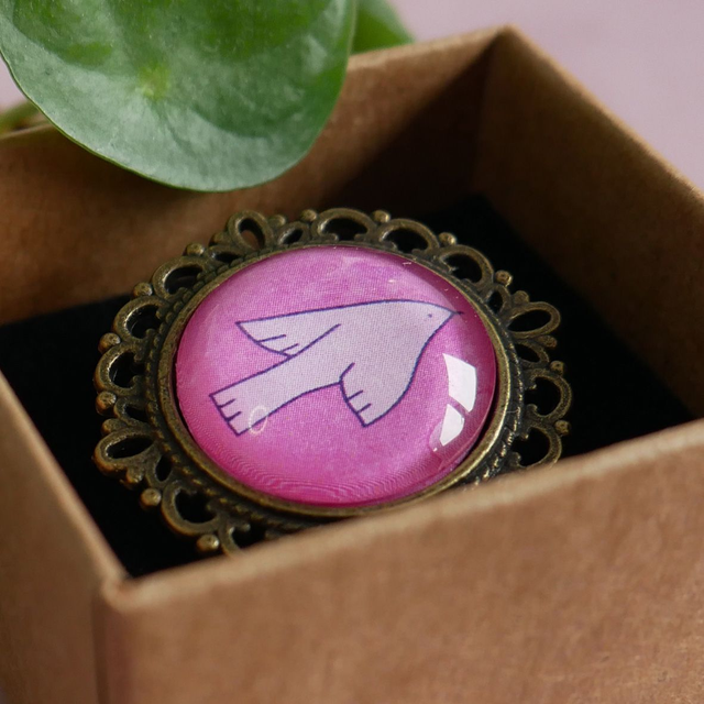 Broches  ronde - Oiseau rose