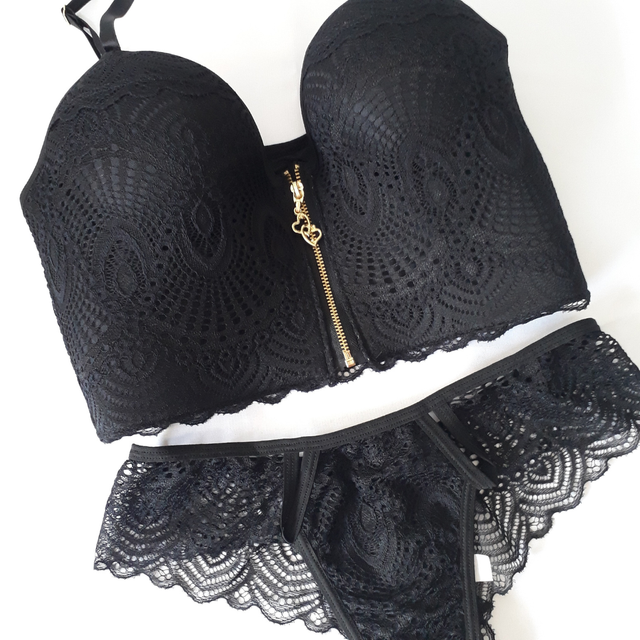Conjunto de Lingerie Rafia Cropped com Zíper, Cor Preto