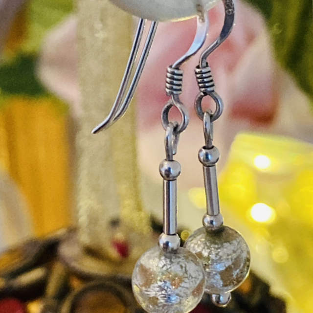 Sterling Silver Metallic Glass Beads Drop Earrings