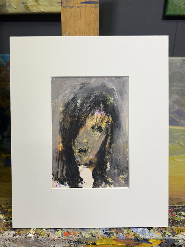 Handbemaltes Unikat „Schattenportrait“ von Rostyslav Voronko, Fragment 257 aus „Das Land und die Menschen“, Öl auf Karton, 2024