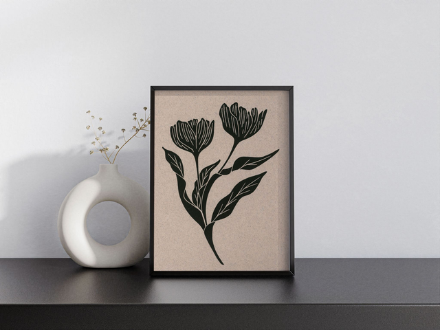 Linogravure “Fleurs Bloom” – Impression artisanale sur papier texturé vieux rose