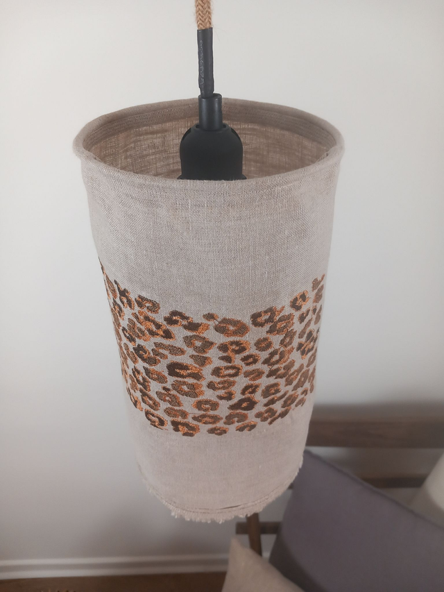 Abat-jour en lin naturel broderie imprimé léopard - suspension baladeuse Diamètre 15 cm
