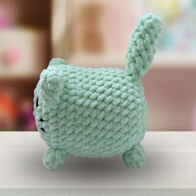 Crochet Chenille Loaf Cat, Mint Green, Glitter Eyes, ukca Tested