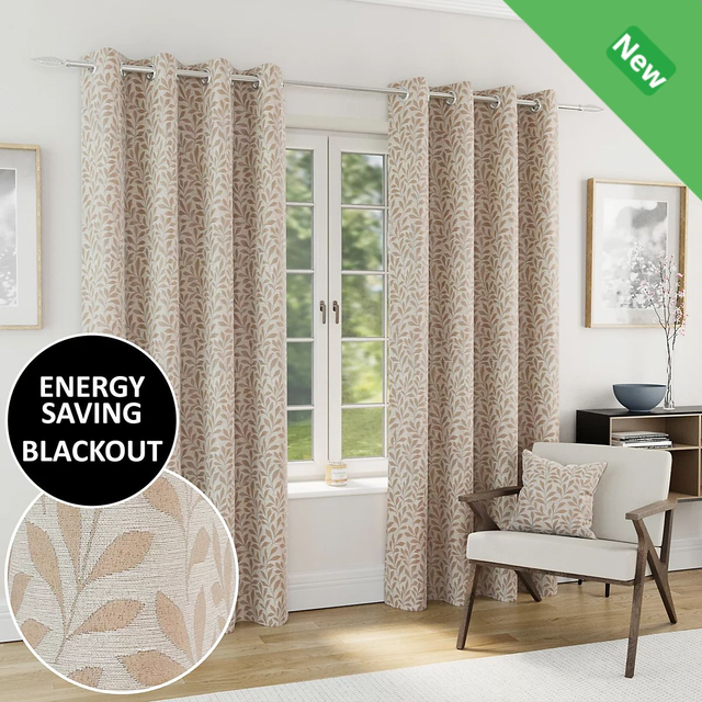 Enhanced Living Sherwood Natural 100% Blackout Jacquard Leaf Readymade Eyelet Curtains