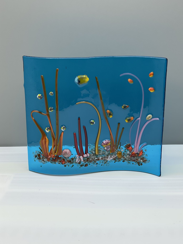 Underwater Tropical Fish Fused Glass Scene on Turquoise Wave 