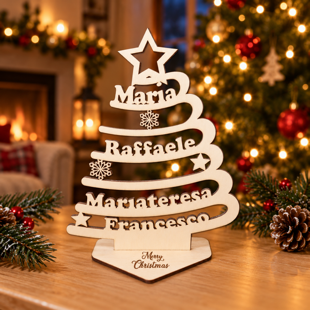 Albero di Natale in legno personalizzato con i nomi della famiglia