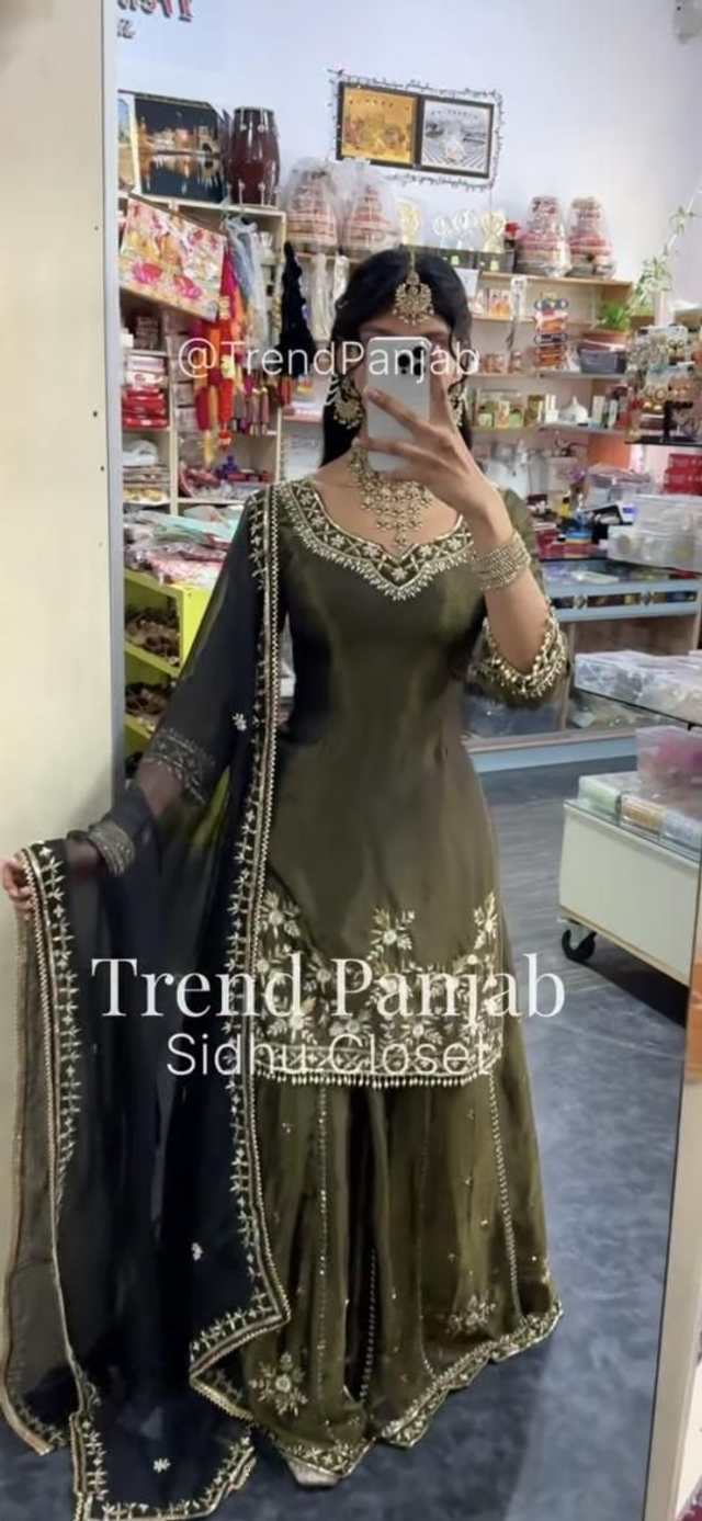 Olive Green Handwork Silk Lehenga