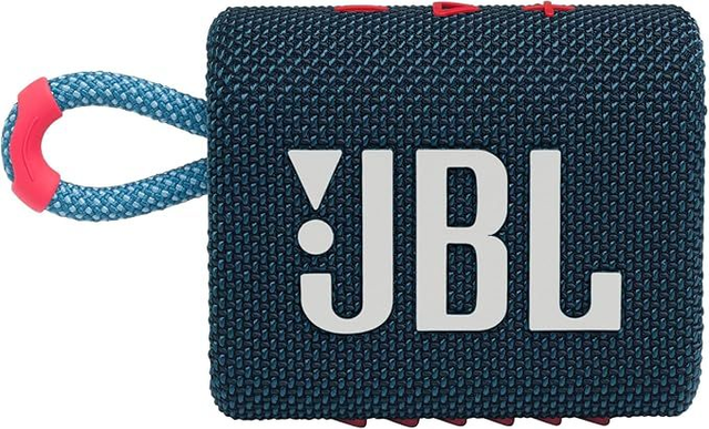 JBL GO 3 draadloze, draagbare Bluetooth luidspreker met geïntegreerde lus voor onderweg, USB C-oplaadkabel, blauw/roze