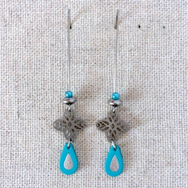 Boucles d’oreilles « Fancy » argentées, cuir bleu turquoise vif