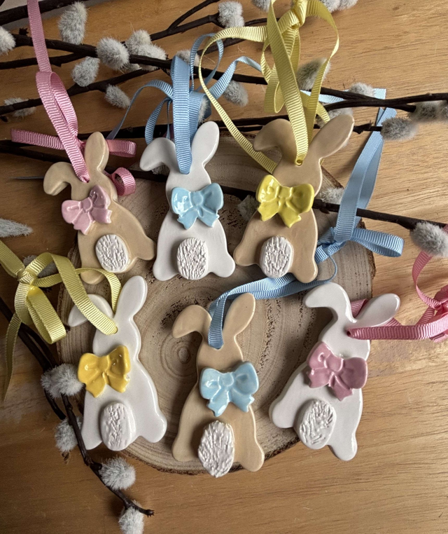 Hanging Bunny Ornament - choice of white or brown bunny with a pink, blue or yellow bow