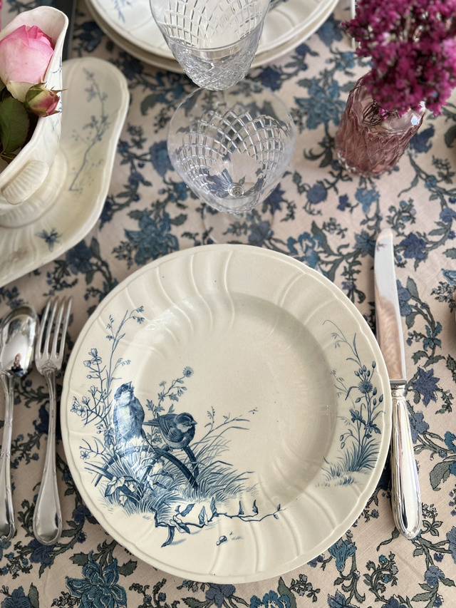 OISEAUX - Suite de 6 assiettes creuses aux Oiseaux par la manufacture française de Gien - Terre de Fer