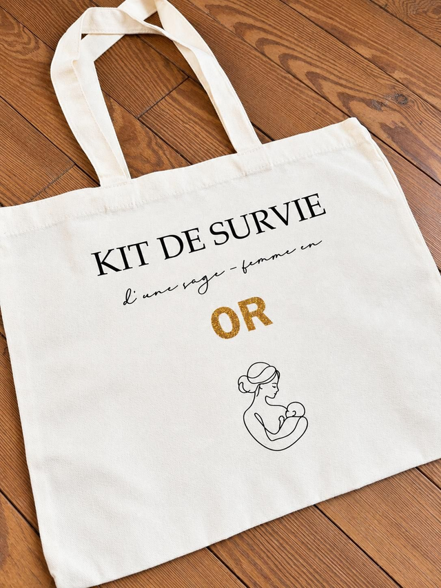 Sac cabas personnalisé « Kit de survie d’une sage-femme en or » – 32 x 45 cm