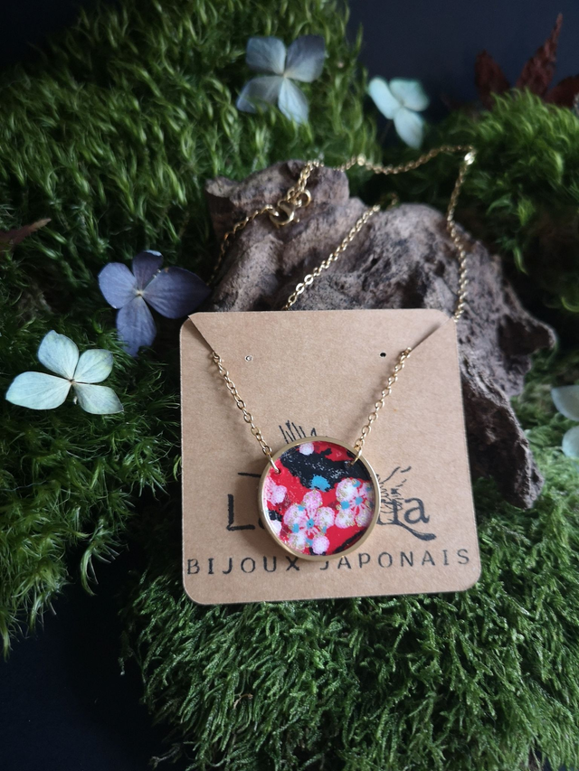 Collier - réglable - papier washi - fleurs de prunier - cercle - La&Titia