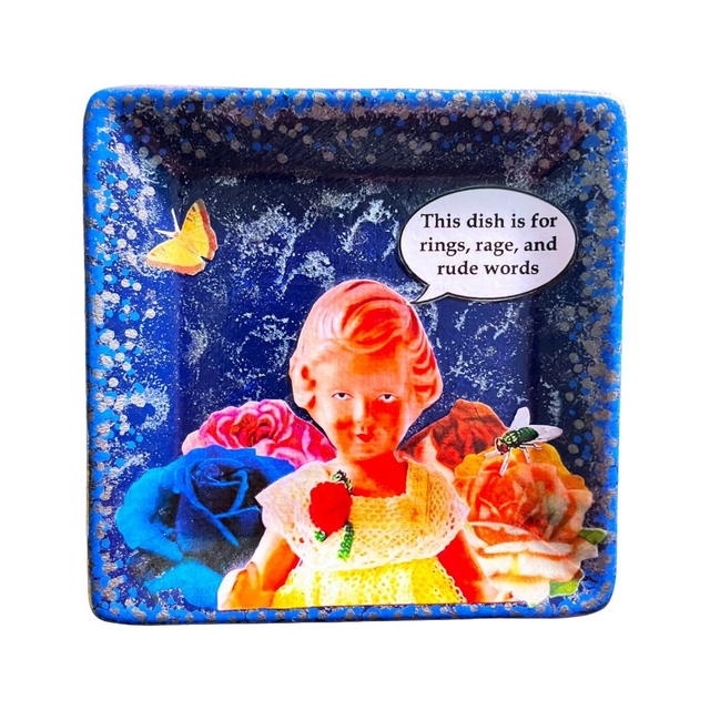 "This Dish is for Rings, Rage, and Rude Words" Dark Blue Upcycled Trinket Dish - House of Frisson