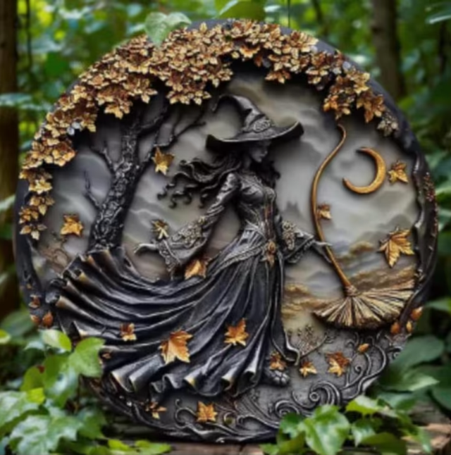 Vintage rond metalen bord Heks in zwart (20cm)