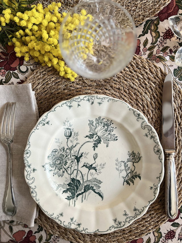 **RESERVEE** PAVOTS GRIS-VERT - Suite de 6 assiettes plates modèle Pavots par la manufacture française Choisy le Roi (H. Boulenger) - Terre de Fer