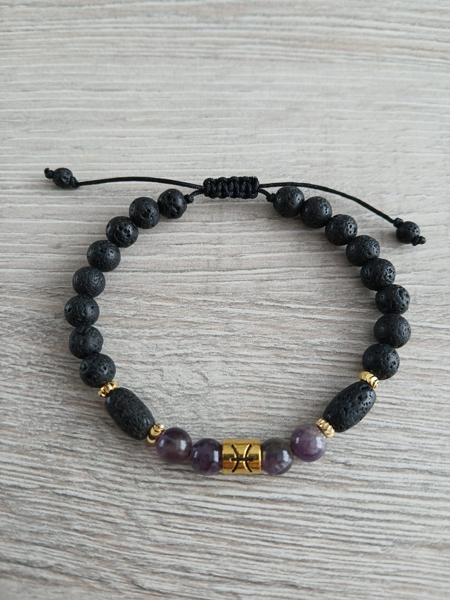 Sterrenbeeld armband Vissen - Amethist &amp; Lavasteen - verstelbaar (7.029)