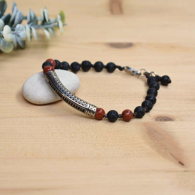 Bracelet homme  Barrette et pierres de 6mm en jaspe brique et pierre de lave