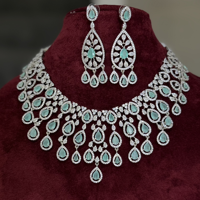 Royal Turquoise Green Stone AD Necklace Set – Luxury Statement Party Jewellery