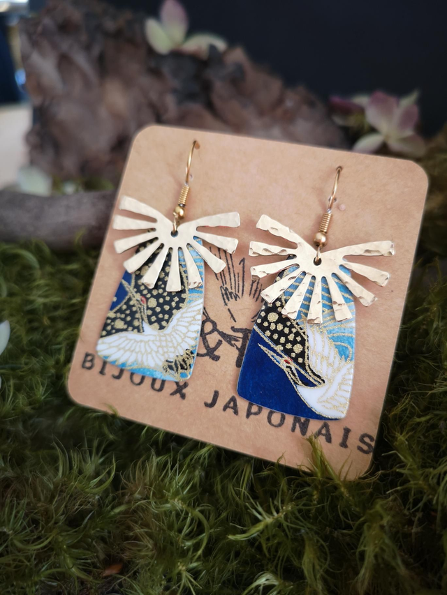 Boucles d'oreilles - crochets - papier washi - grues - soleil - laiton - La&Titia