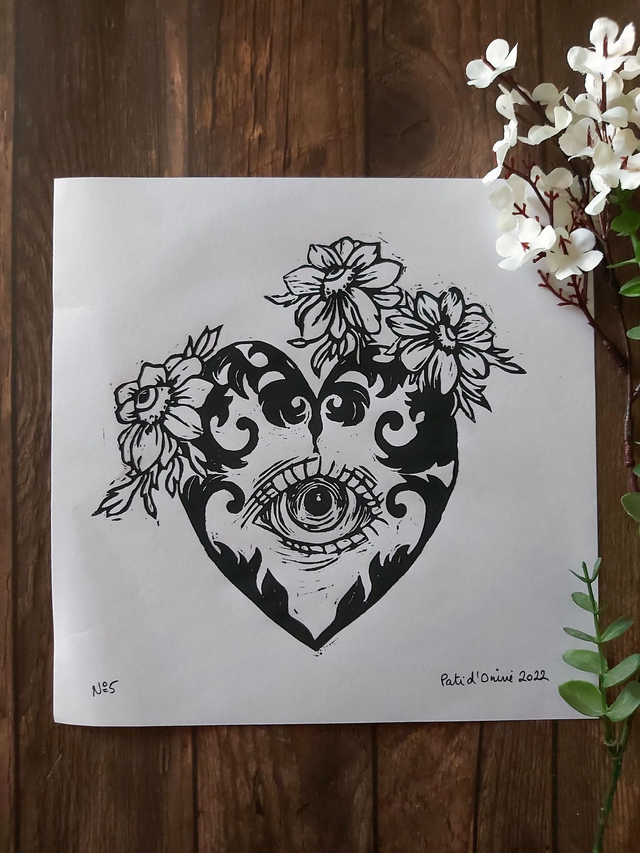 Linogravure "Coeur ornementé", tirage numéroté et signé, gri-gri symbolique