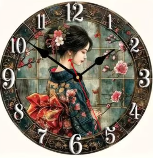 Vintage ronde wandklok van metaal - Japanse Bloemen (20cm) Nieuw. 