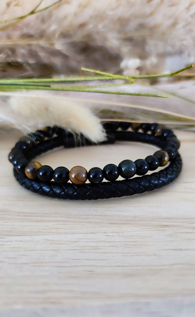 Bracelet Cuir noir "Protection" Oeil de tigre et Onyx