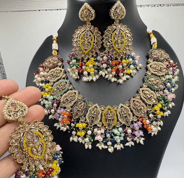 Designer multicolour necklace with ear rings and tikka 