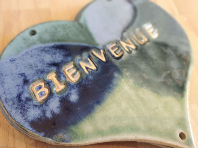  COEUR en grès "Bienvenue" BLEU &amp; OR
