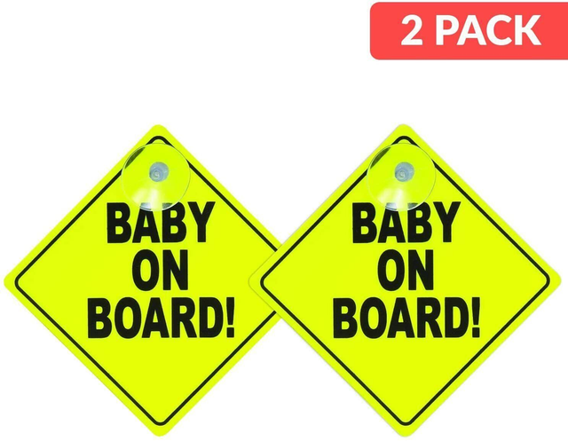 2pk Baby On Board car Signs Bright Yellow Warning Signs + Powerful Suction Cups