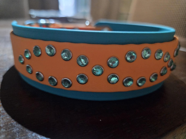 Orange and Teal crystal collar to fit 14-17 ins x 38mm 