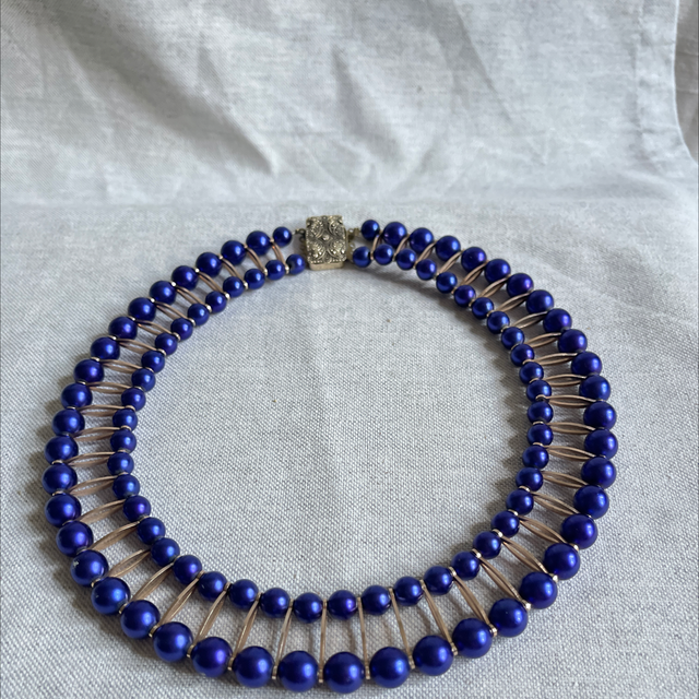 Collier Messing Ornamente Ozean- blau Mid-Century 