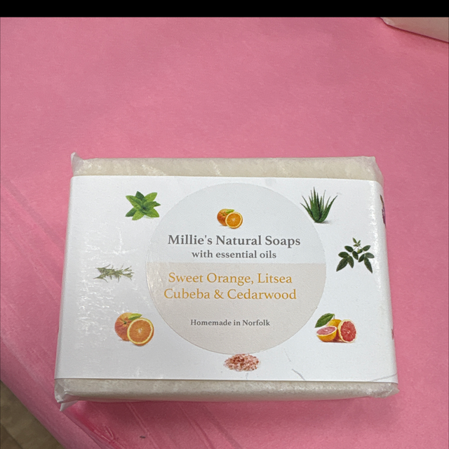 Millie’s natural soaps with essential oils sweet orange, lit sea cube a and cedar wood 90g  