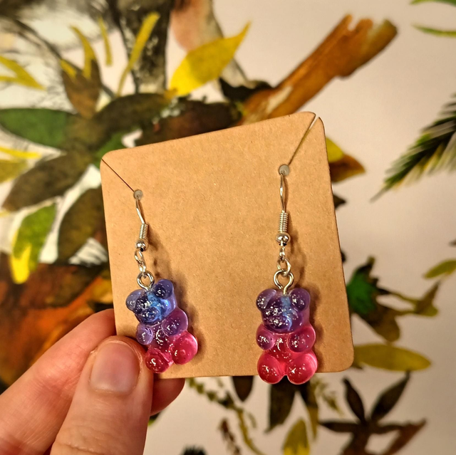 Blue, Purple and Pink Bisexual Flag Glitter Gummy Bear earrings