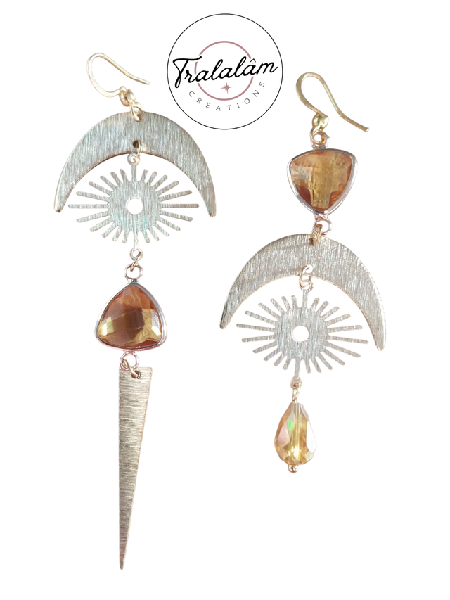 ✨Boucles d’oreilles &quot;asymétriques géométriques pierre jaune ambré✨