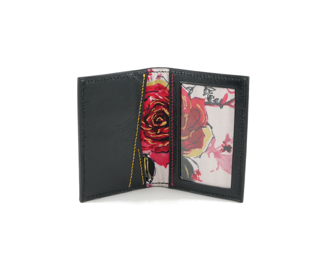 Porte-Cartes MADO Noir Brillant avec doublure tissu motif Rose V1