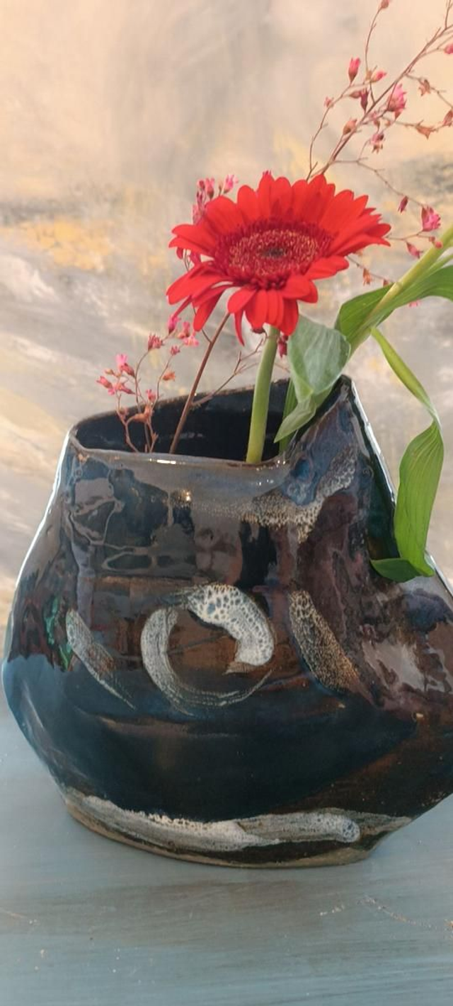 Ikebana vase temmoku effet pinceau 