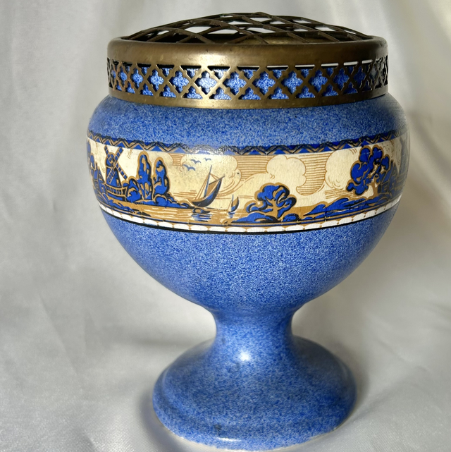 Vintage Crown Ducal Blue Windmill Rose Bowl with Wire Flower Frog