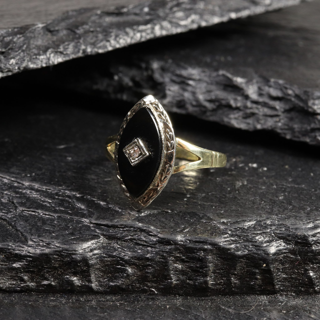 Vintage 14K 14Ct 585 Solid Yellow Gold Handcarved Detailed Platinum Marquise Cut Black Onyx Diamond Natural Gemstone Ring Size K - 5 1/8