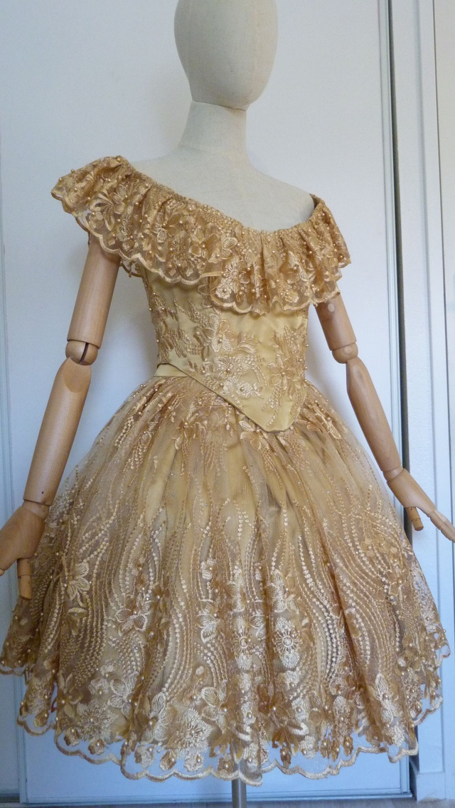 Ensemble bustier &amp; jupe dorés – Dentelle perlée (occasion)