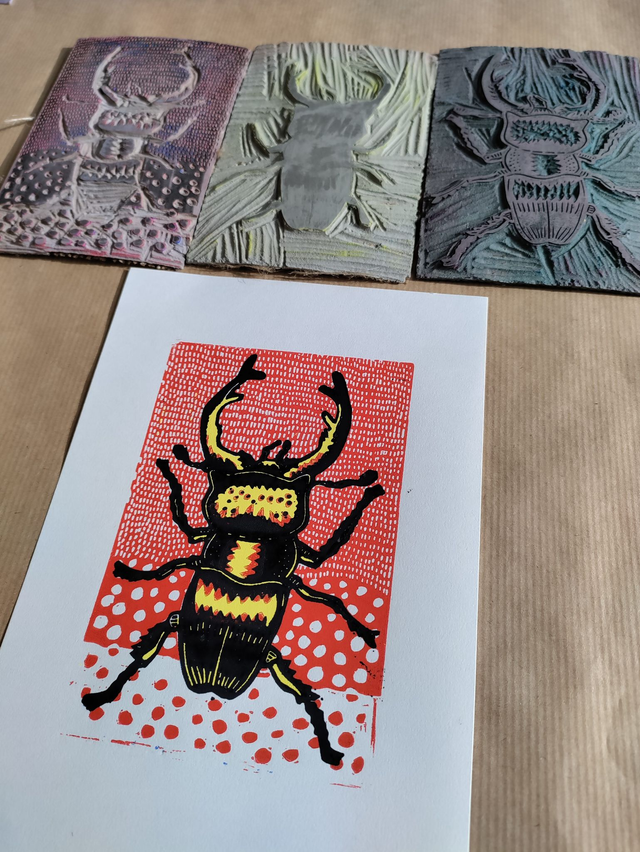 Scarabée, gravure 3 couleurs rouge